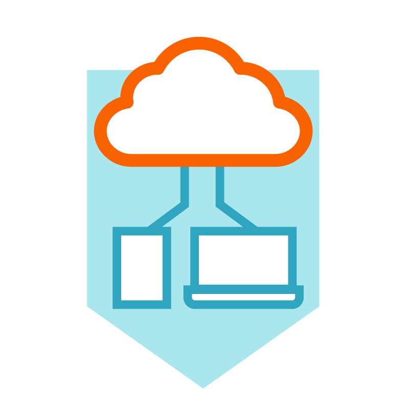 An icon showing a cloud shape connected by two lines to a vertical rectangle and a laptop, placed inside a shield‑like blue background.