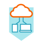An icon showing a cloud shape connected by two lines to a vertical rectangle and a laptop, placed inside a shield‑like blue background.