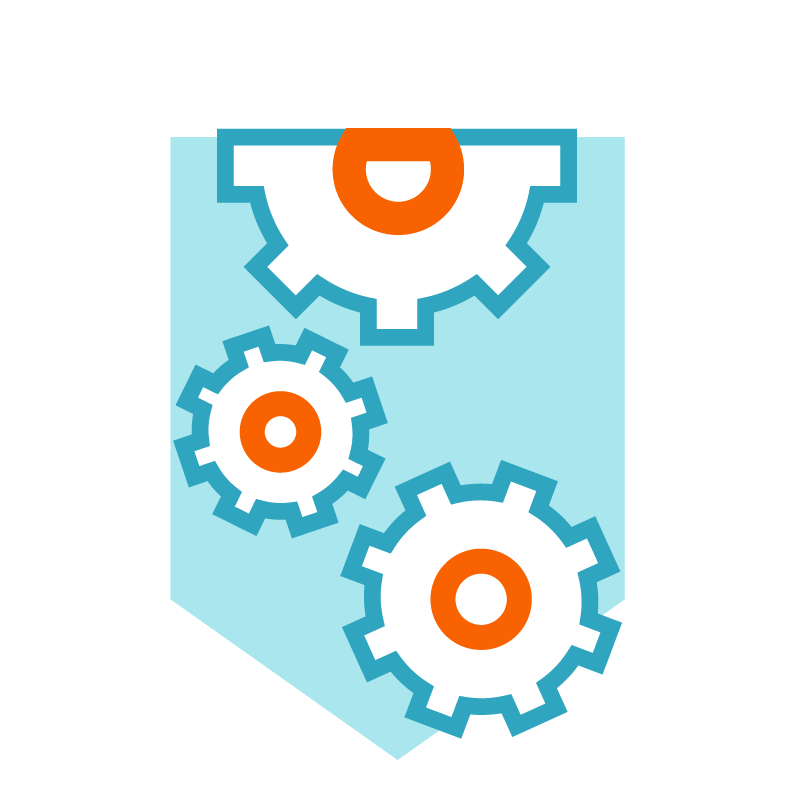 An icon of three blue gear shapes with orange centers arranged diagonally, placed on a blue shield‑like background.