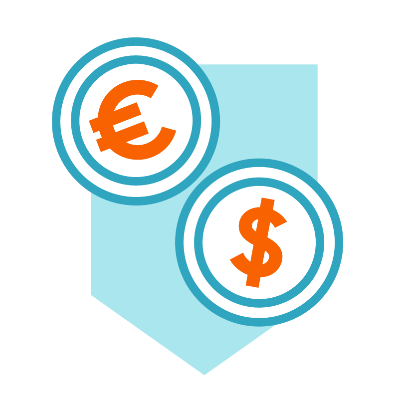 An icon of two coins outlined in blue, one with an orange euro symbol and one with an orange dollar symbol, placed on a blue shield‑like background.