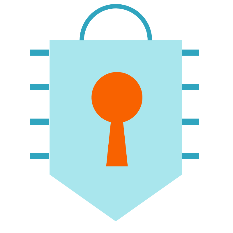 An icon of a blue padlock with an orange keyhole in the center, placed on a blue shield‑like background with short horizontal blue lines on each side.