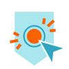 An icon showing an orange circle surrounded by blue rings with several orange lines around it, accompanied by a blue cursor arrow in the lower right, placed on a shield‑like light blue background.