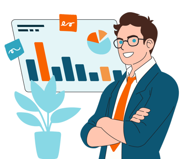 Illustration of a person standing with arms crossed in front of a large data dashboard displaying charts and graphs.