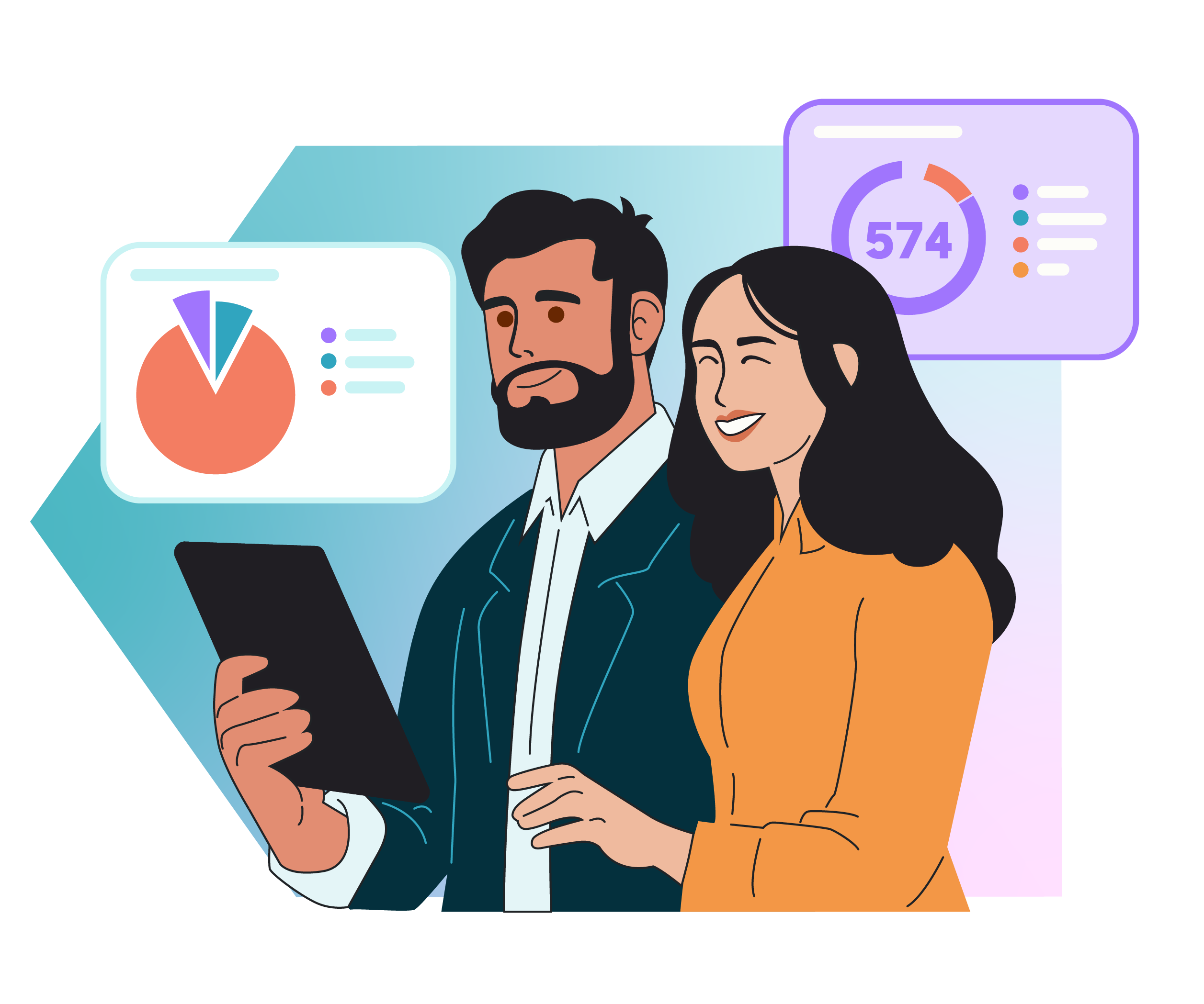 Two people are standing together looking at a tablet. Data charts are displayed in the background, including a pie chart and a circular graph with the number 574.