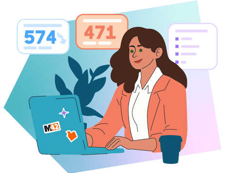 A person is working on a laptop at a desk. Data panels with the numbers 574 and 471 appear in the background, along with a list icon and a plant.