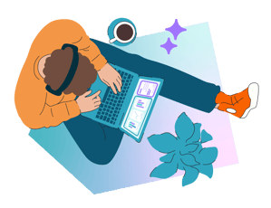 A person is sitting on the floor working on a laptop. A plant and a cup are nearby, and the laptop screen shows charts.
