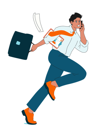 A person is running while holding a briefcase and carrying documents under one arm. One hand holds a communication device near the head.