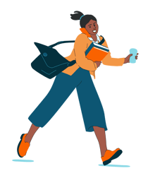 A person is walking while carrying books and holding a cup. A bag is slung over one shoulder, and a communication device is held near the head.