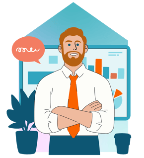 A person stands with arms crossed in front of a display showing charts and graphs. A plant, a speech bubble, and a cup are visible around the figure.
