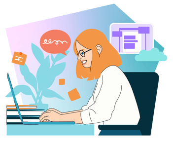 A person is sitting at a desk working on a laptop. Several sticky notes float around, and a plant and a diagram are visible in the background.