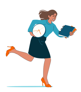 A person is running while holding a large clock and several folders. The person is wearing footwear with elevated heels and the hair is shown moving backward.