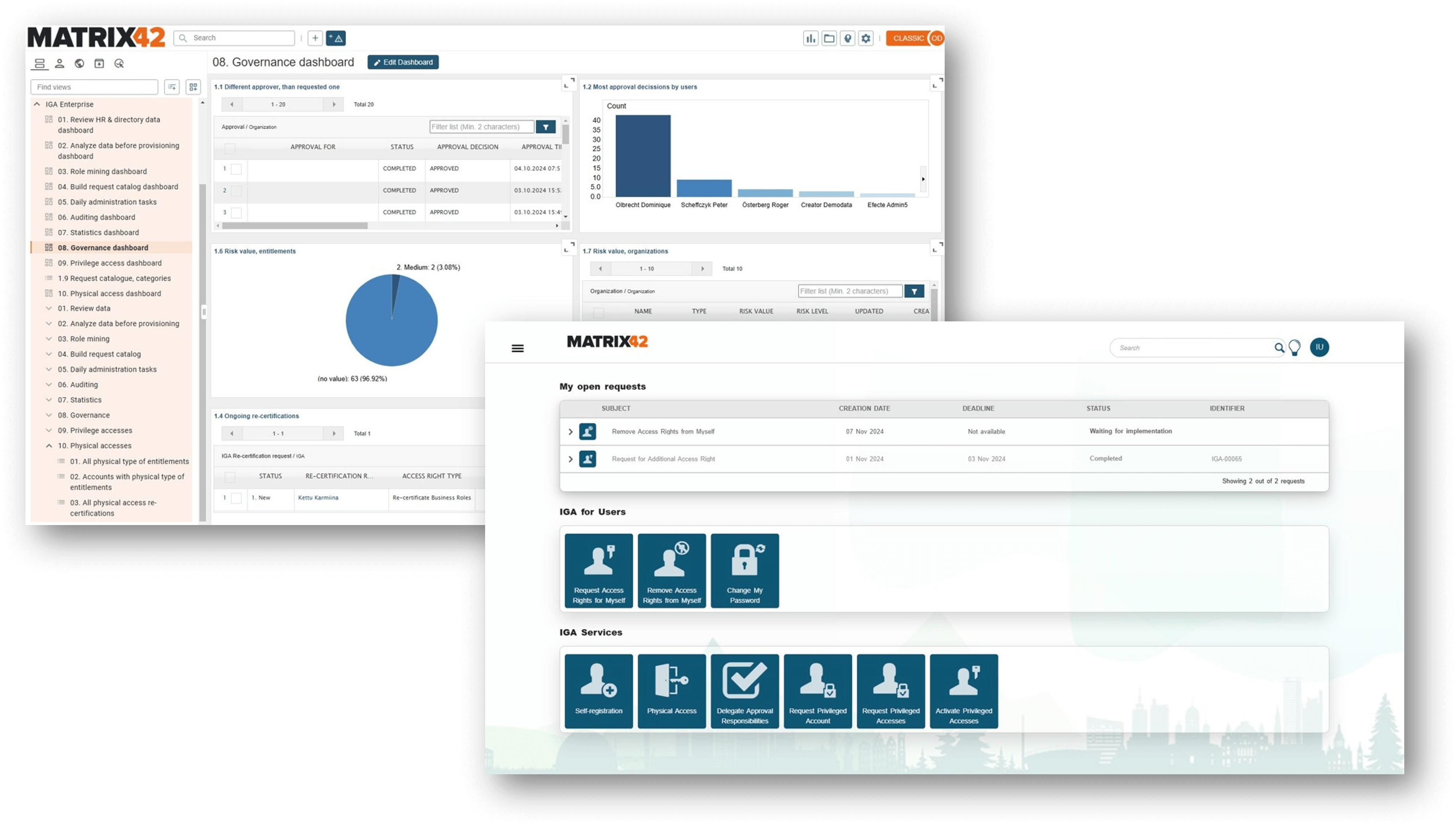 Capturas de pantalla: Informes y autoservicio de Matrix42 Identity Governance and Administration