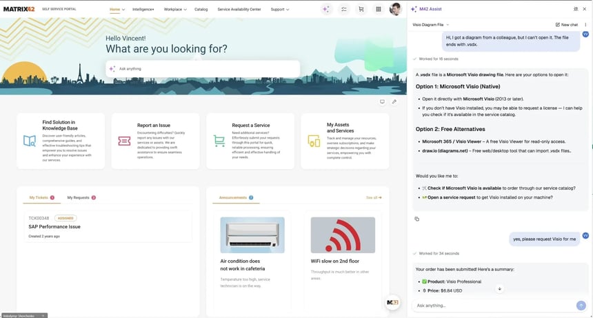 Screenshot of Matrix42 Service Management, and Intelligent AI tools