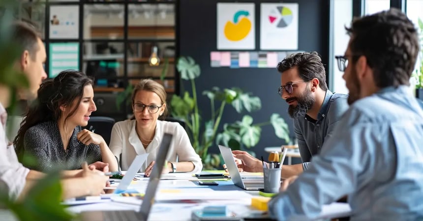 Cross-functional team collaborating in a modern office — unified service management across departments