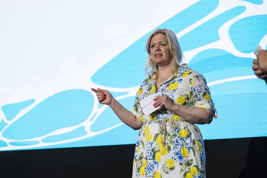 Matrix42 CPCO Niina Hovi on stage talking about the future of HR Services.