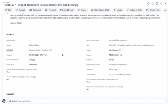 This screencapture shows how AI can automatically suggest ticket categories in the Matrix42 Enterprise Tool