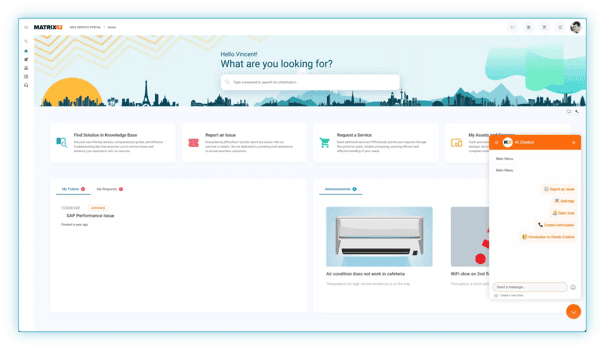 A screenshot of the Matrix42 Enterprise tools Self-Service Portal. The screenshot has AI features visible, like an AI Search and a chatbot.