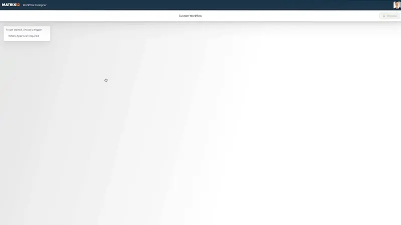 A screen capture video of the Matrix42 Enterprise tool workflow builder. The tool shows a drag and drop workflow editor building an approval workflow.
