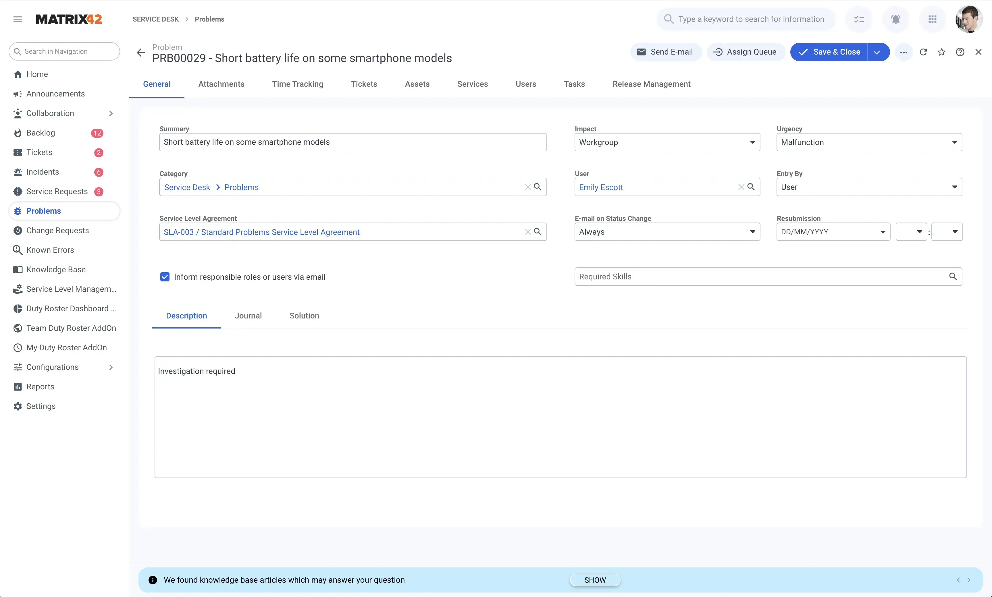 Gestion des problèmes