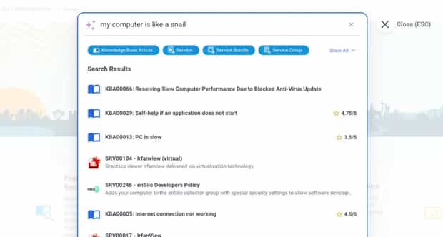 A screenshot of a user searching for solutions to a slow computer on a Self-Service portal. The search results display knowledge base articles with step-by-step guidance on resolving performance issues.