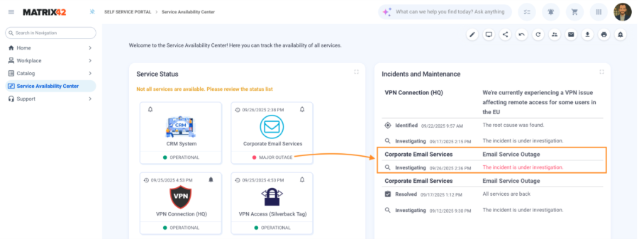 Service Availability Center portal view 