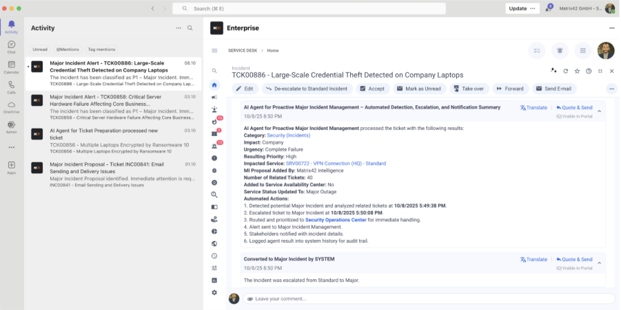Push notification of a created Major Incident ticket 