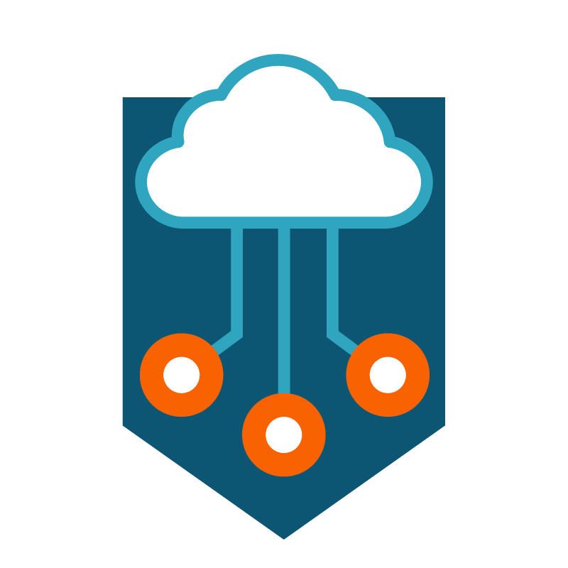 An icon of a cloud outlined in blue with three blue lines extending downward, each ending in an orange circle, placed on a blue shield‑like background.