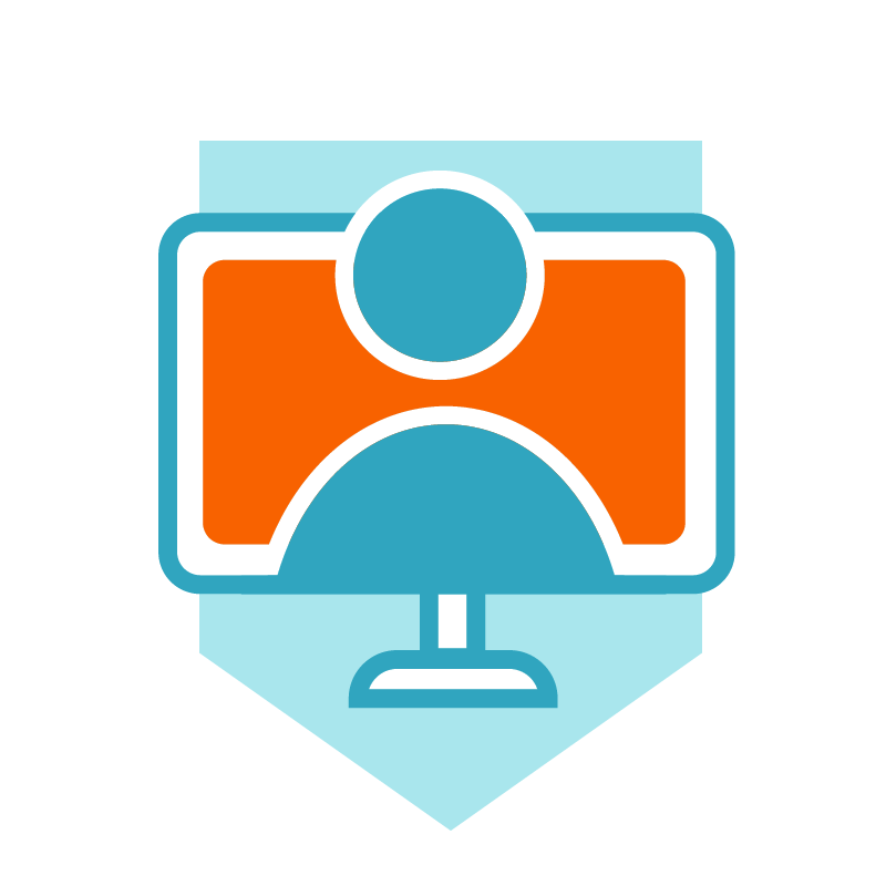 En ikon som visar en stiliserad person inuti en monitorform, med orange bakgrund och blå kontur.