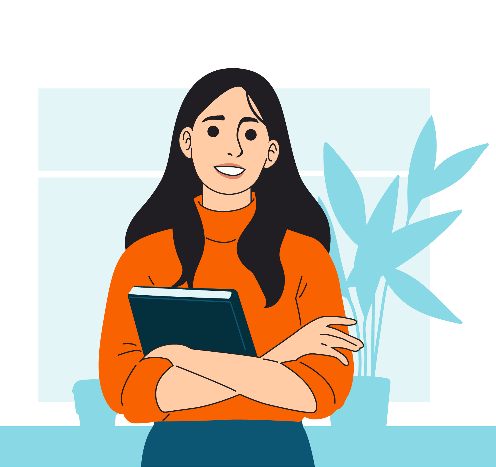 A person is standing with arms crossed while holding a closed book. A plant and a window appear in the background.