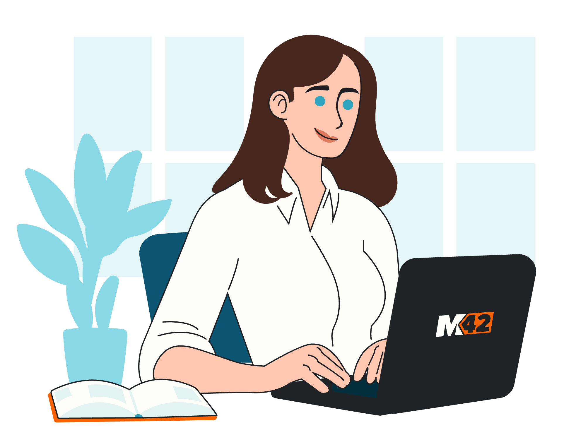Illustration av en person som arbetar på en laptop vid ett skrivbord med en uppslagen bok bredvid. En växt och stora fönsterpaneler finns i bakgrunden.