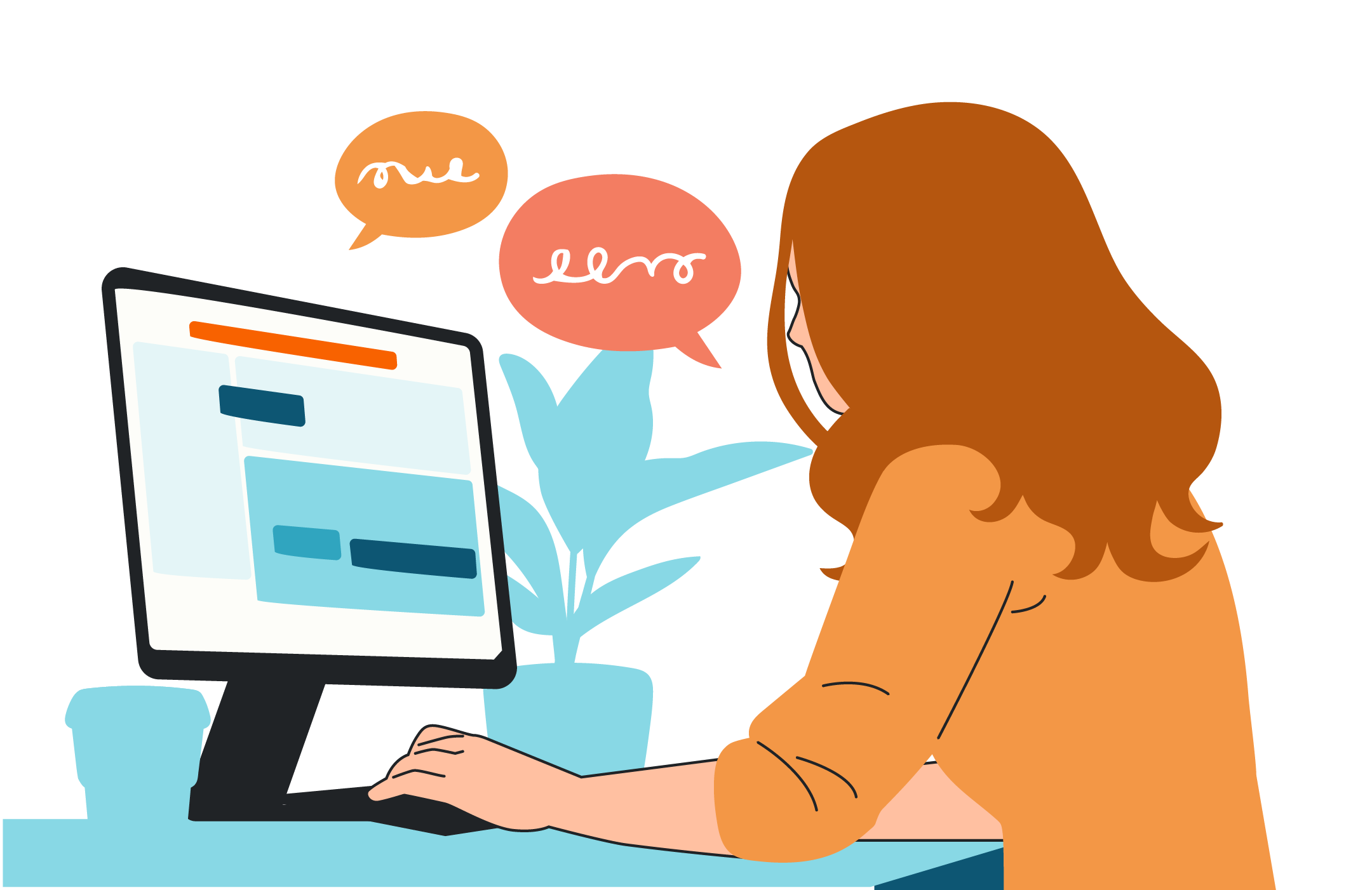 A person is sitting at a desk working on a computer monitor. Two speech bubbles and a plant appear in the background.