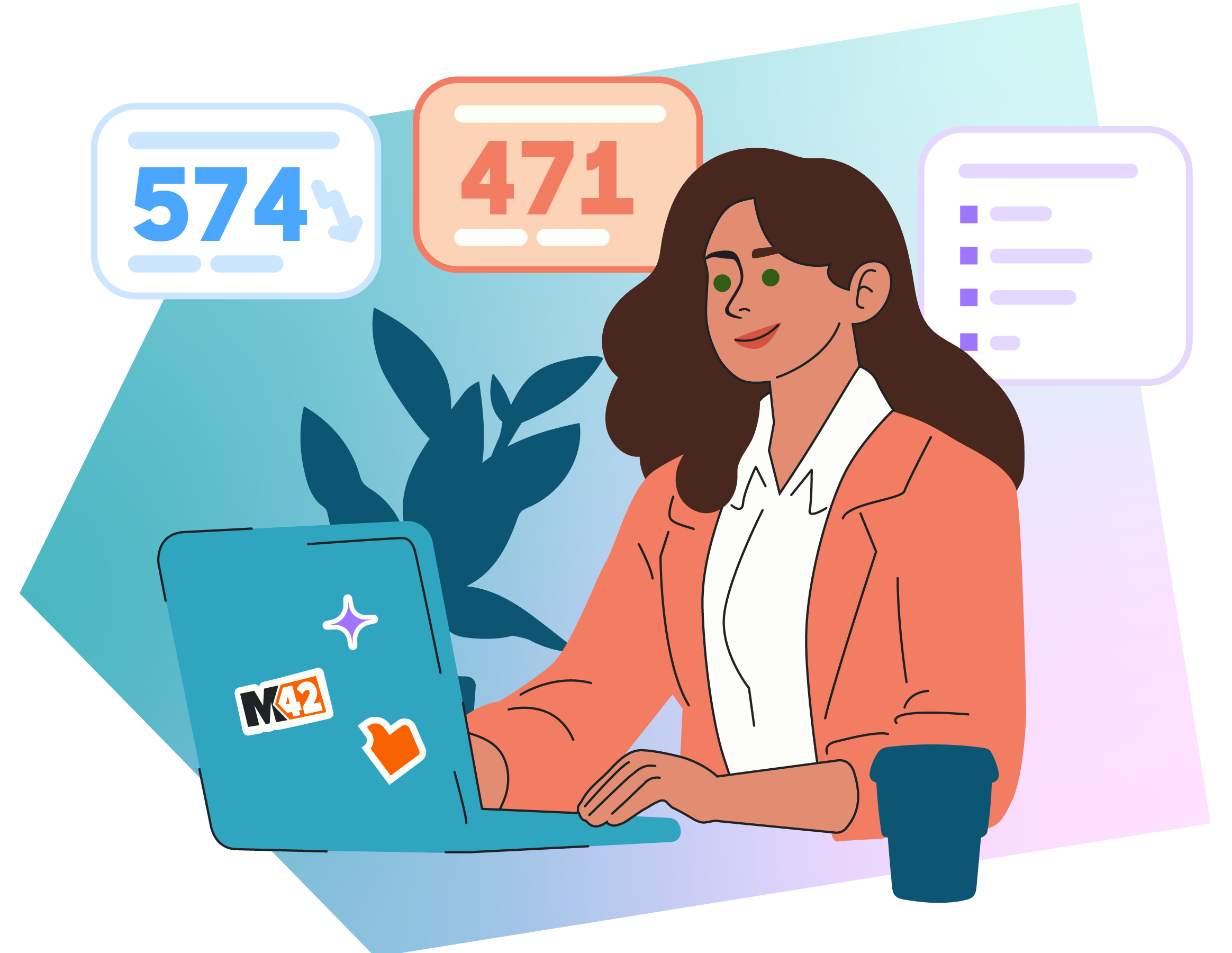 A person is working on a laptop at a desk. Data panels with the numbers 574 and 471 appear in the background, along with a list icon and a plant.