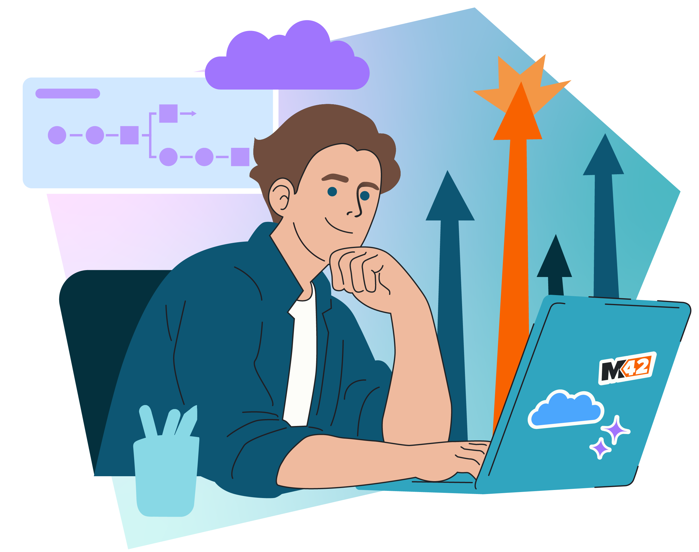 Una persona è seduta al laptop e lavora. Dietro al laptop ci sono diverse frecce rivolte verso l’alto. Sulla sinistra è visibile un diagramma con icone e un simbolo di nuvola.