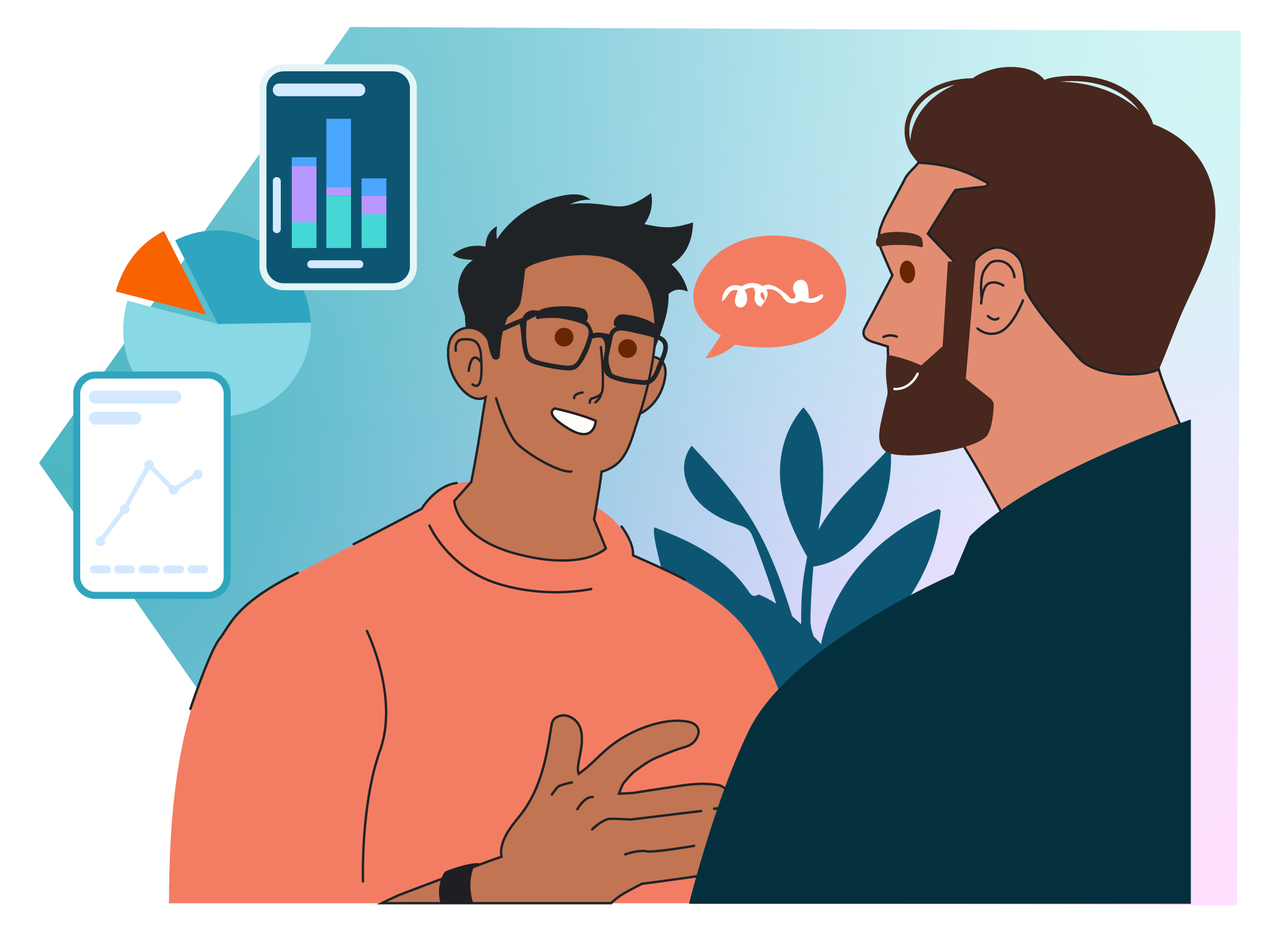 Two people are having a conversation. One person faces forward and gestures with one hand, while the other person is shown from the side. Charts and a plant appear in the background along with a speech bubble.
