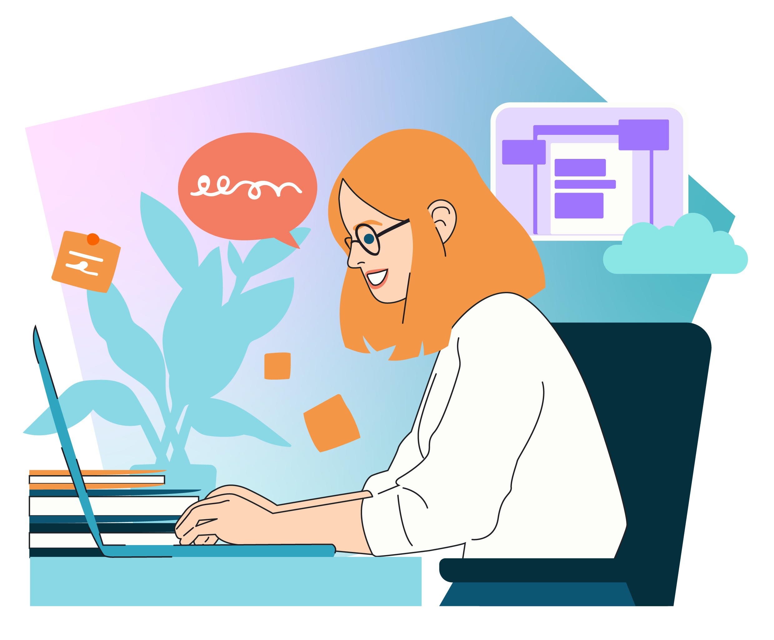 A person is sitting at a desk working on a laptop. Several sticky notes float around, and a plant and a diagram are visible in the background.