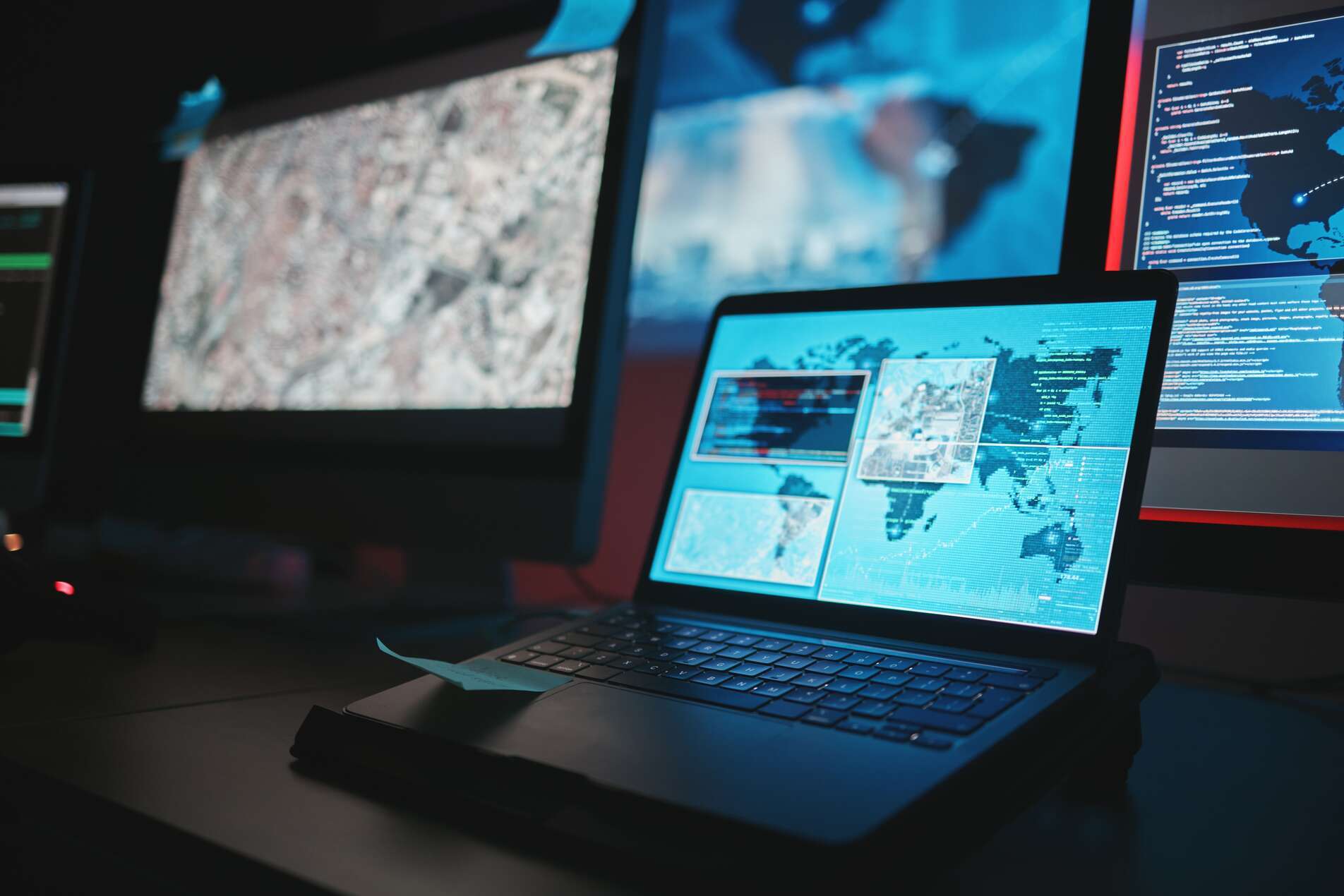 Laptop and multiple computer monitors displaying digital maps, data visualizations, and lines of code in a dark, blue-lit workspace. The screens show cybersecurity, network monitoring, or data analysis interfaces, creating a high-tech operations center environment.