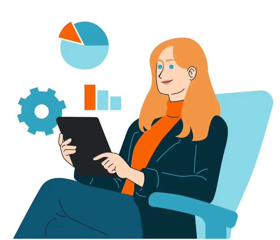 Eine Illustration einer Person, die in einem Stuhl sitzt und ein Tablet hält. Um die Person herum befinden sich grafische Elemente wie ein Kreisdiagramm, ein Balkendiagramm und ein Zahnrad, die auf einen daten- oder analyseorientierten Kontext hinweisen.