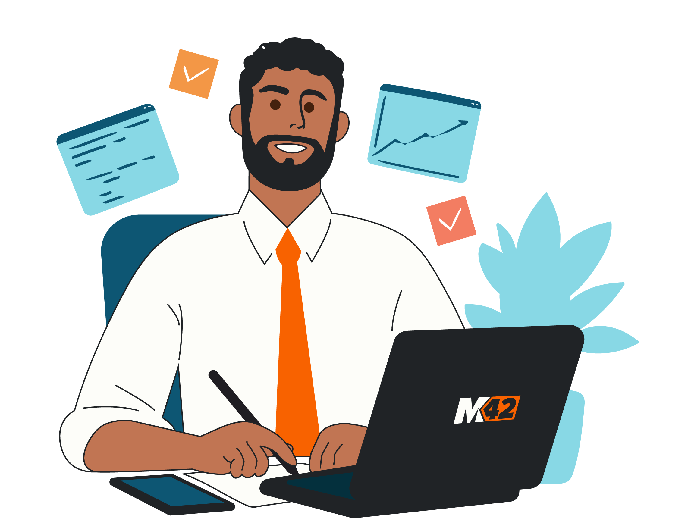 Illustration of a person seated at a desk using a laptop with an “M42” logo. A tablet and stylus lie on the desk. Around the person are floating interface elements, including a checklist, a chart, and text cards, along with a plant in the background.