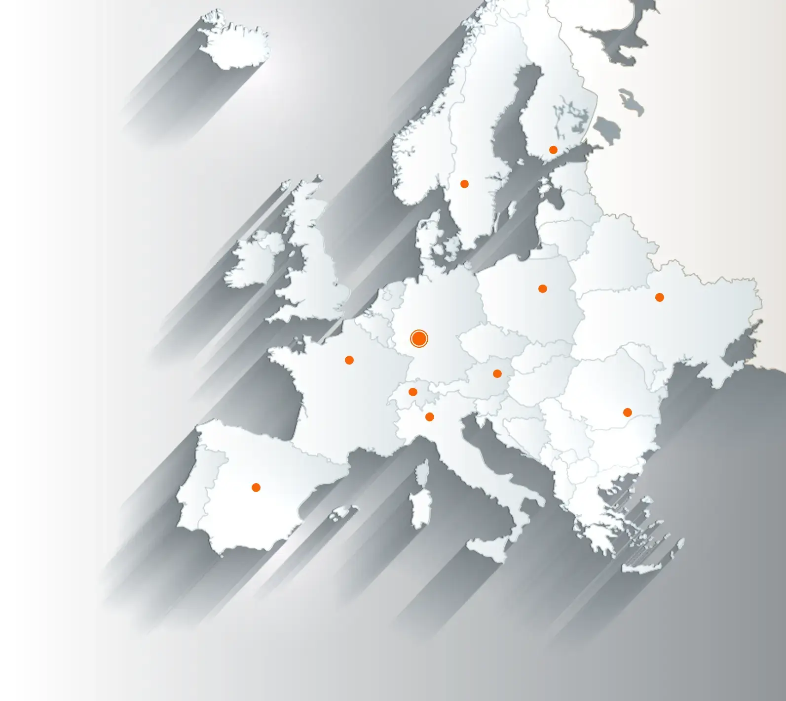 A map of Europe with orange dots marking the office locations of Matrix42