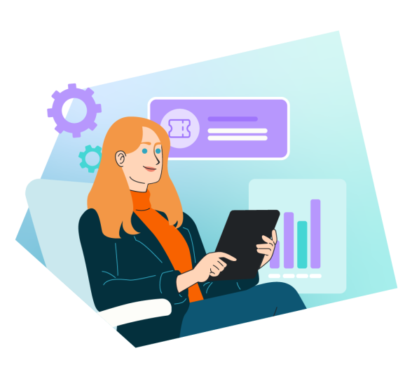 Ilustracja przedstawiająca kobietę z tabletem i kilkoma ikonami w tle