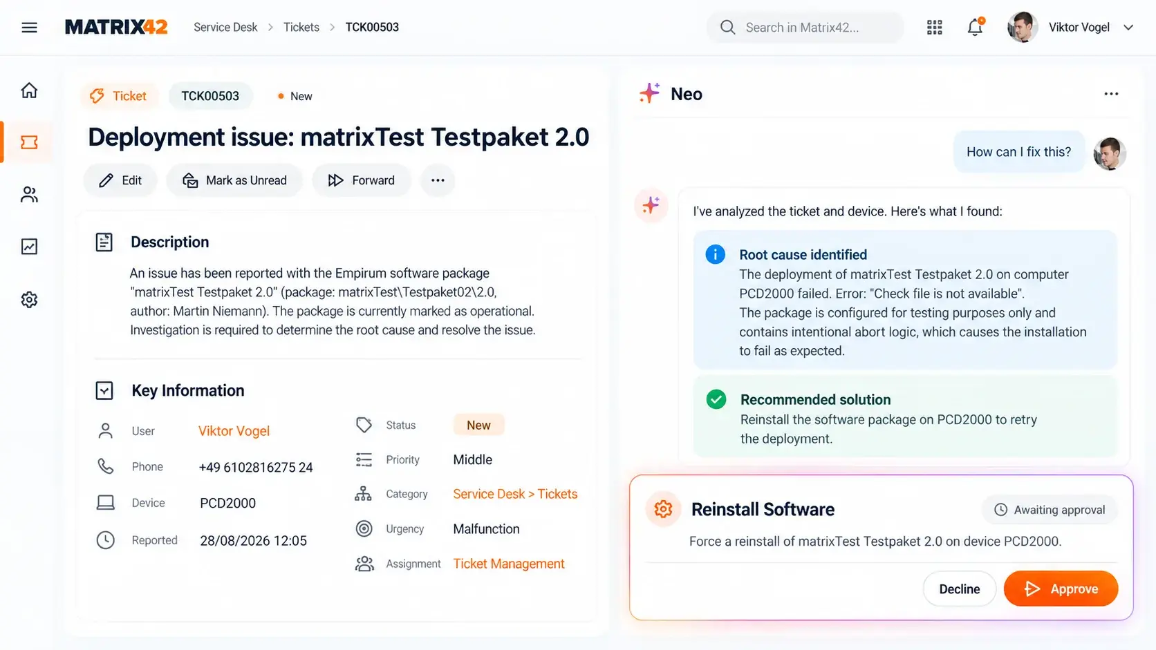 Neo combining ticket and device context to recommend an endpoint fix