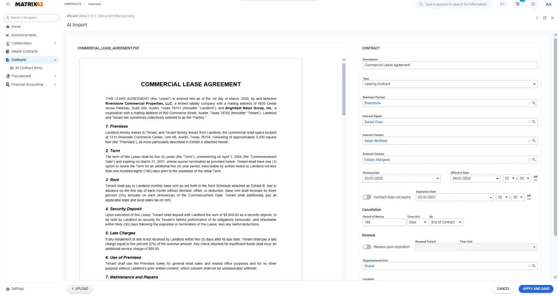 Document recognition extracting fields from a contract into Matrix42