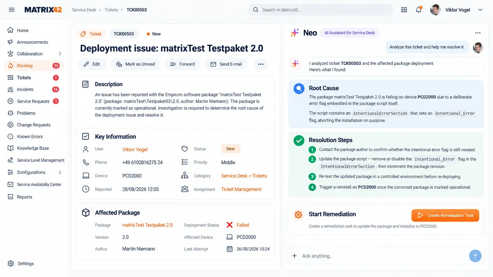 Neo analysing a failed software deployment and recommending remediation