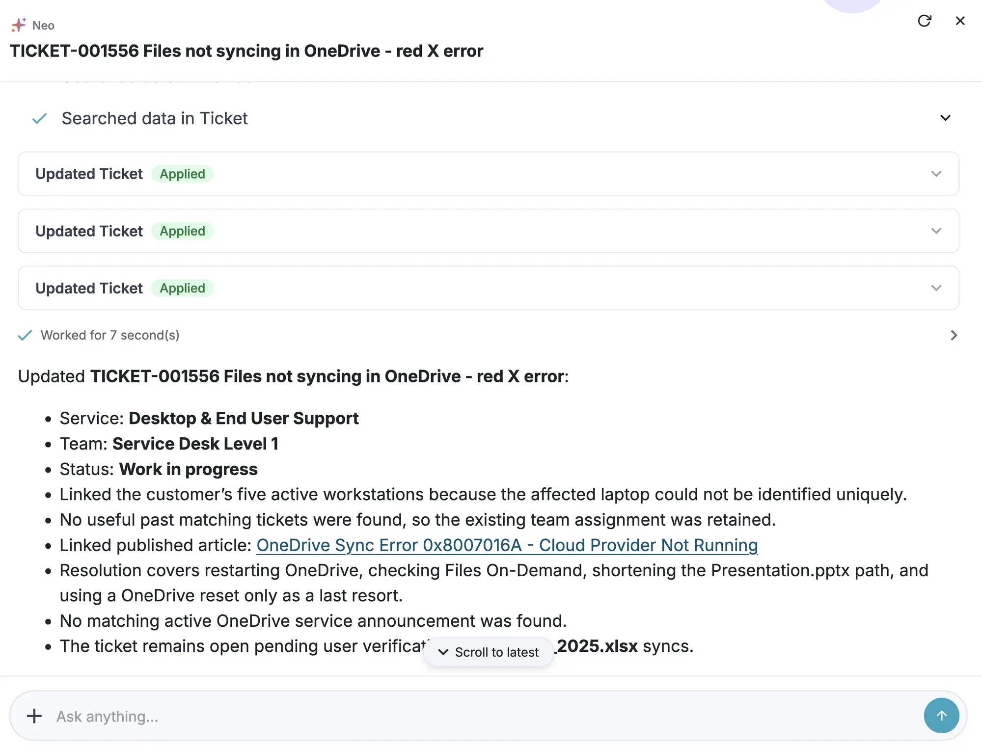 Service desk ticket with Neo suggesting similar cases and the next best action