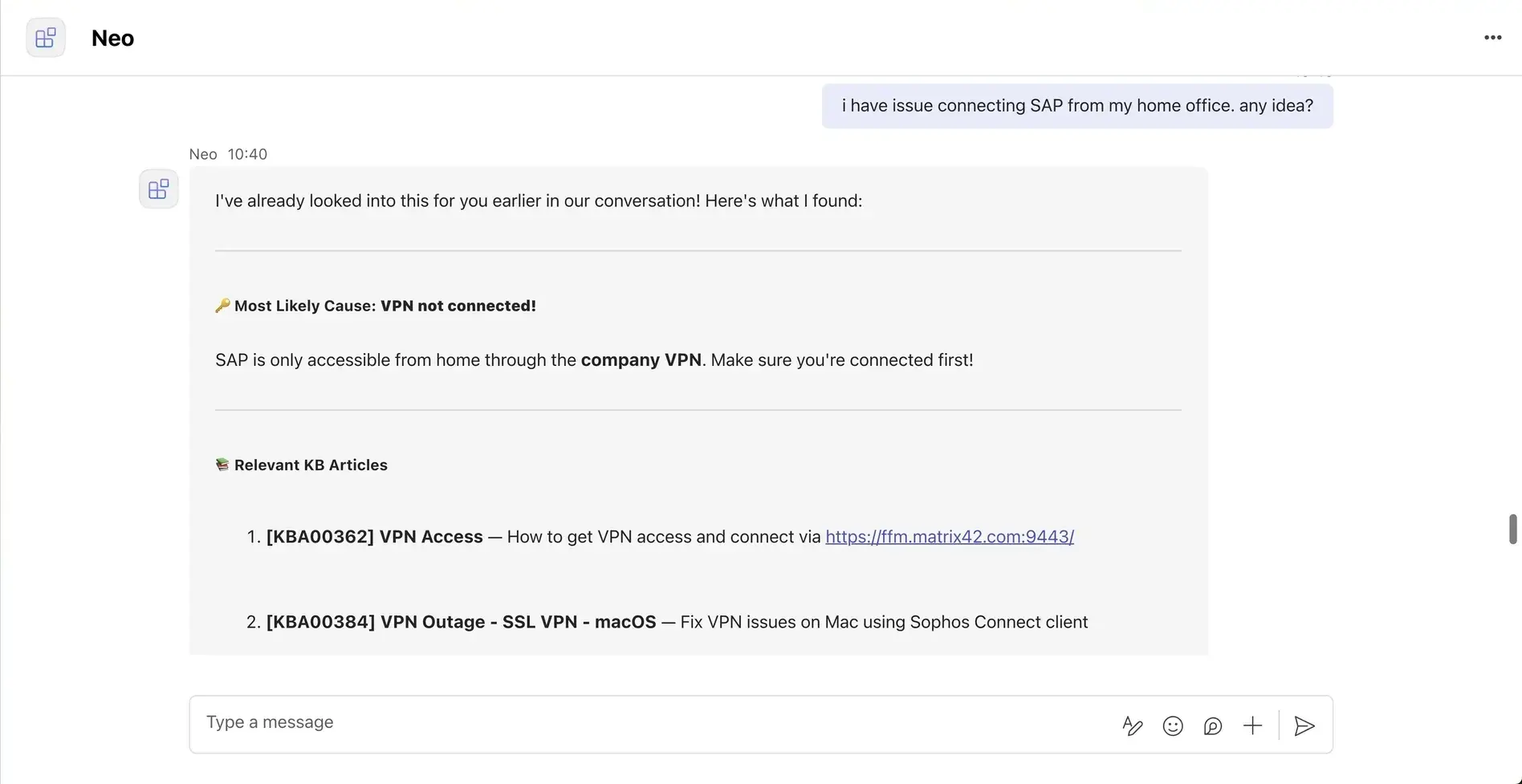 Neo in Microsoft Teams helping an employee complete a request