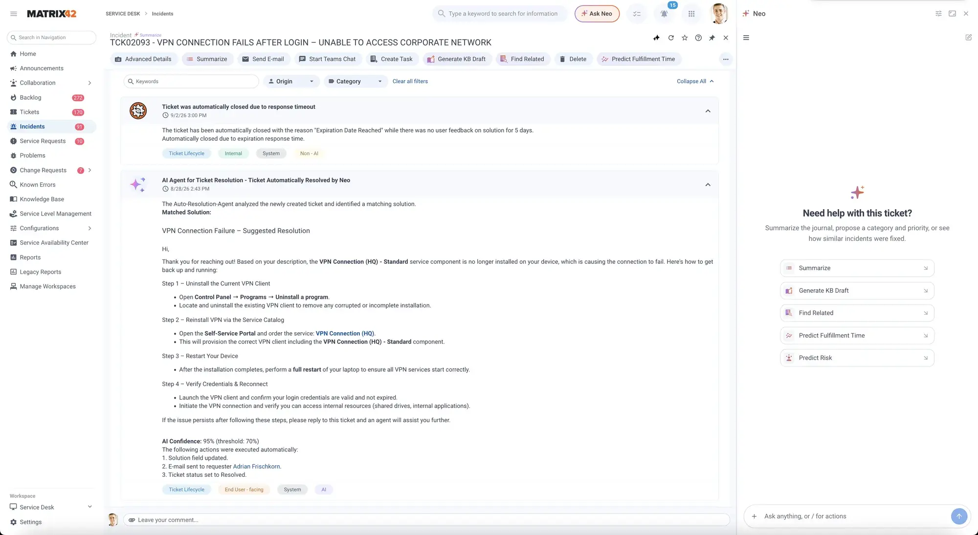 Neo triaging and routing incoming tickets automatically