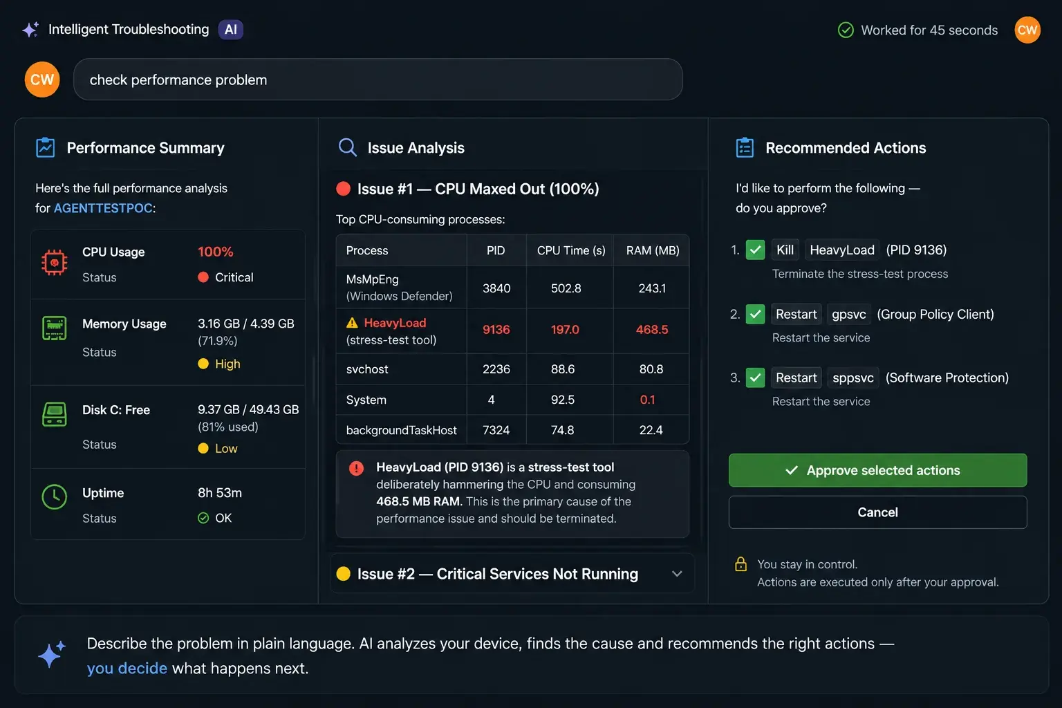 Neo diagnosing a device problem from live device data