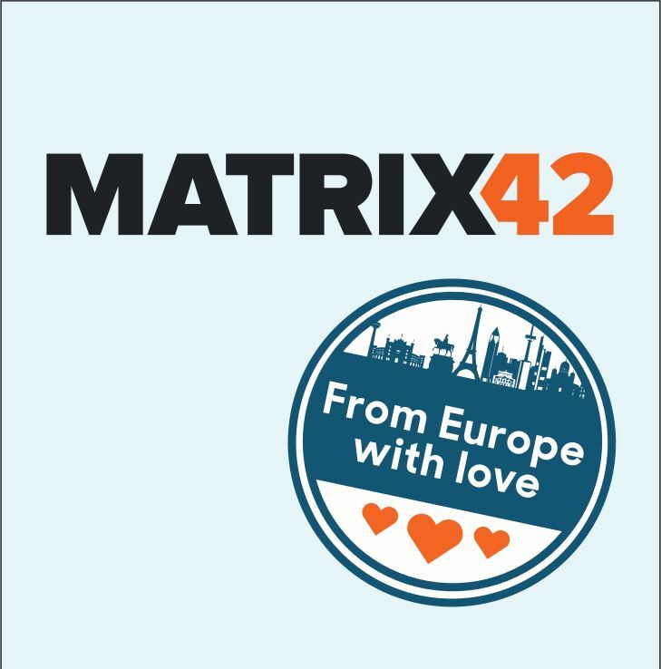 Logo Matrix42 sopra un emblema circolare con una skyline europea stilizzata, tre cuori arancioni e il testo From Europe with love.