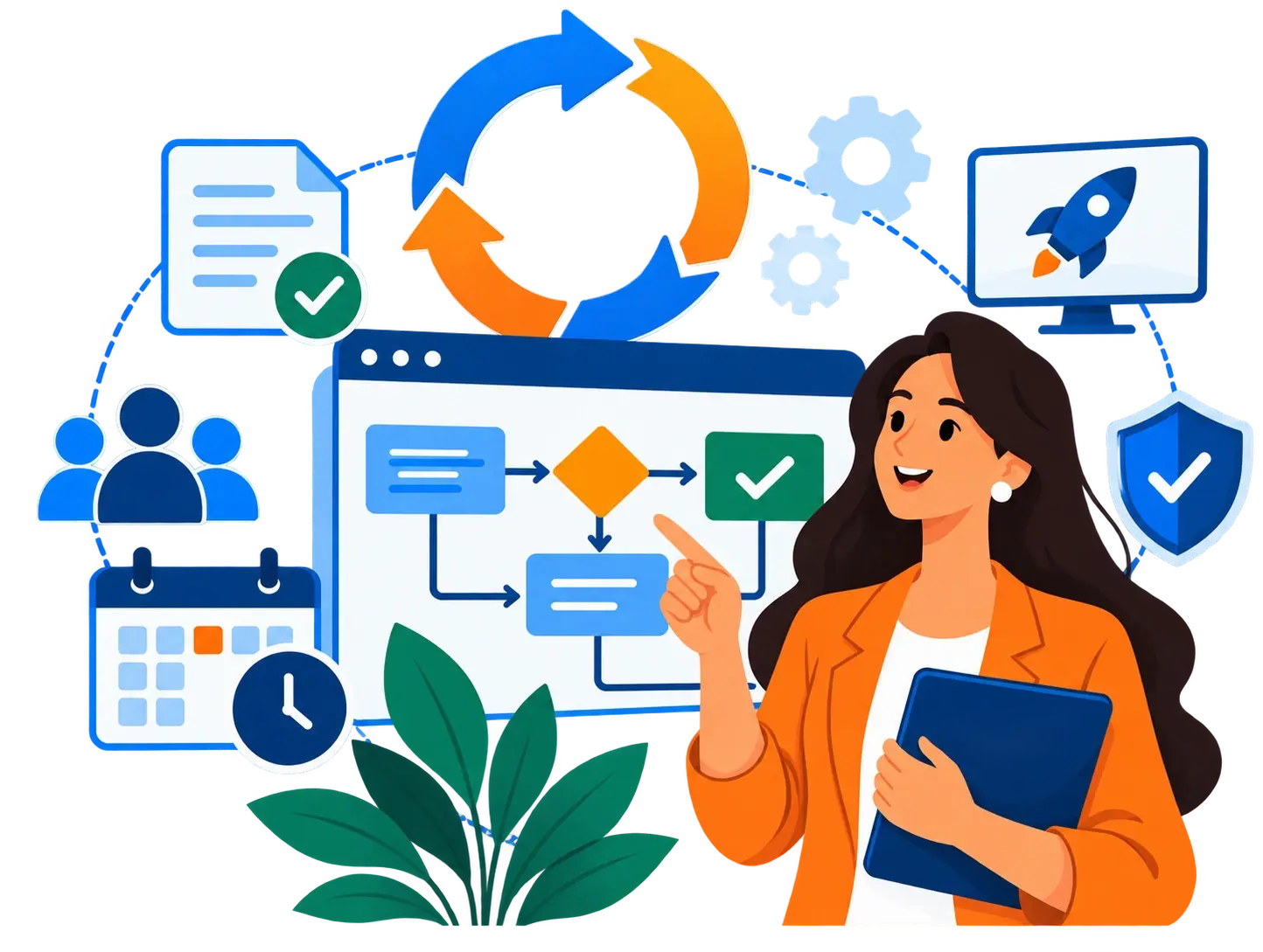 ITIL 4 Change Enablement illustration showing an IT professional managing a change approval workflow, with icons representing change requests, risk assessment, collaboration, scheduling, deployment, and continuous improvement.