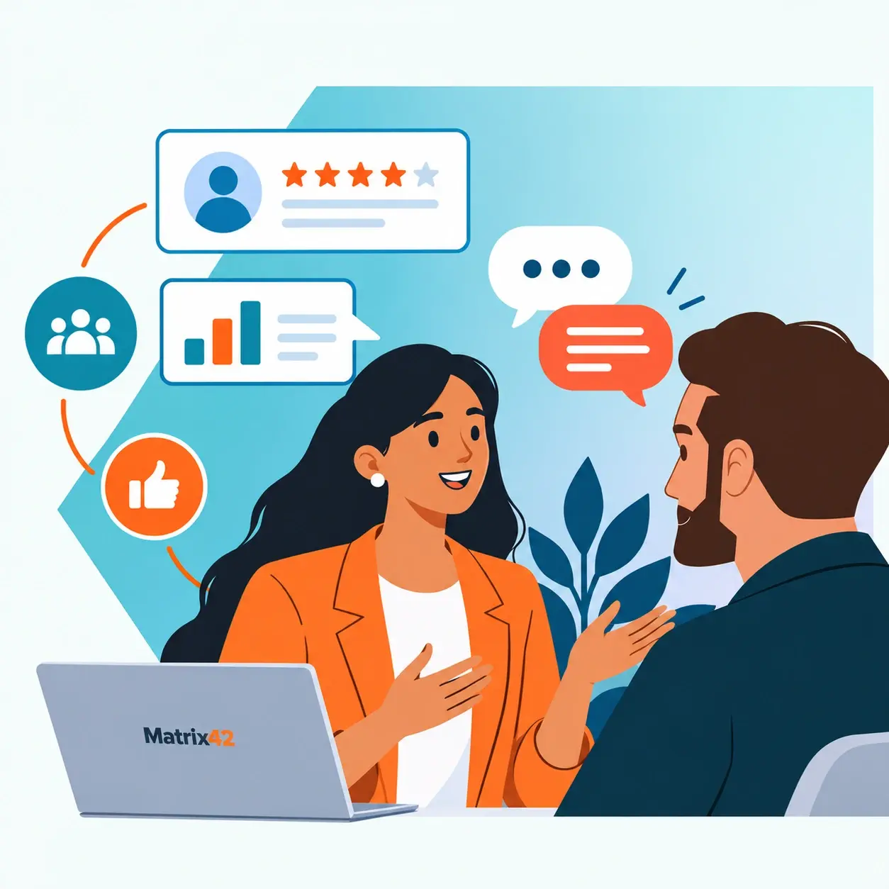 ITIL 4 Feedback Management illustration showing two professionals discussing feedback, with customer ratings, communication icons, analytics charts, and a Matrix42-branded laptop